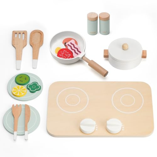 Accesorios de cocina infantil de madera con placa de cocción ajustable y exquisita artesanía, vajilla para muñecas, inodoro y respetuoso con el medio ambiente, accesorios de cocina para juegos a