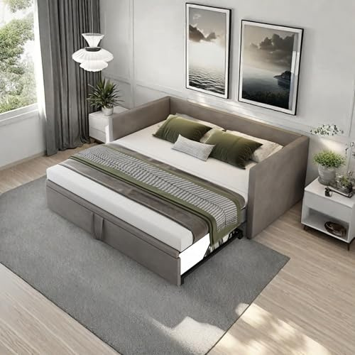 HFASD Schlafcouch Schlafsofa 90/180x200 cm, Einzelbett Tagesbett Ausziehbar, Ausziehbett Gleiche Höhe Mit Gästebett, 2 Sitzer Sofa Mit Schlaffunktion, Daybett Jugendbett, Samt, Ohne Matratze, Grau