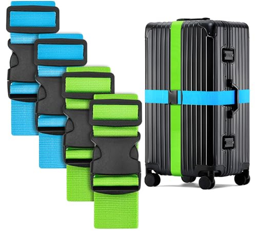WISYOK Luggage Straps Extended, 4 Pack, 130-250cm Adjustable, SkyBlue Green | Case Strap for Suitcase, Luggage Belt with Quick Release Buckle, Suitcase Identifier for Travel, Flight, Vacation, Trip