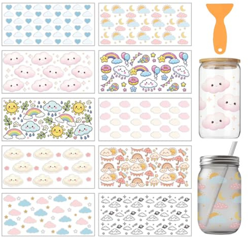 arricraft 10 Sheets Weather Theme UV DTF Cup Wrap for 16OZ Glass, Different Weather Clouds Rub on Decals PVC Transfer Stickers for DIY Cups Window Home Printing Decoration 24x11cm/9.4x4.3inch