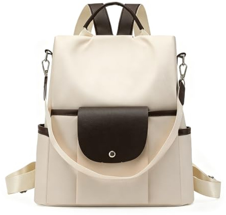 Anti stöld Nylon ryggsäck Colorblock Casual pendla Daypack Convertible Carryall väska,Beige