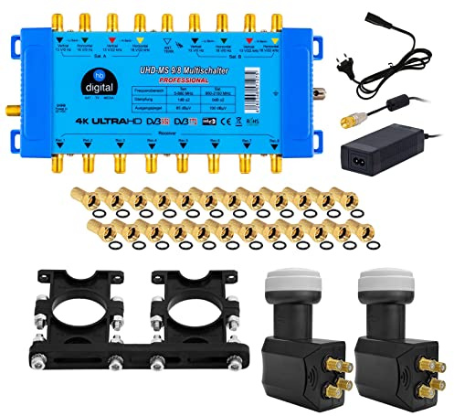 Hochwertiger Quattro LNB + Multischalter pmse 9/8 HB-DIGITAL 2X SAT bis 8 x Teilnehmer/Receiver für Full HDTV 3D 4K UHD mit Netzteil + 35 Vergoldete F-Stecker Gratis dazu