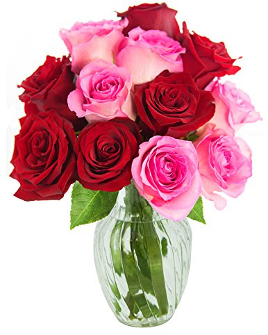 KaBloom PRIME NEXT DAY DELIVERY - Bouquet of 12 Red and Pink Roses with Vase.Gift for Birthday, Sympathy, Anniversary, Get Well, Thank You, Valentine, Mother’s Day Fresh Flowers