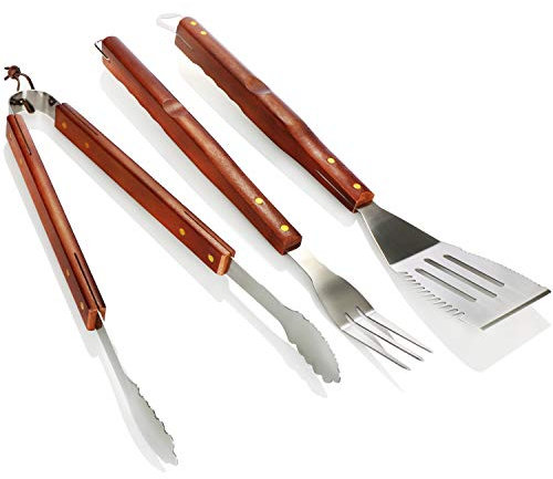 COM-FOUR® 3-teiliges Premium Grillbesteck mit Holzgriff - Grillzange, Grillwender und Grillgabel aus rostfreiem Stahl - BBQ Grillzubehör mit Holzgriff - Geschenk für Männer (03-tlg. braun - Holzgriff)