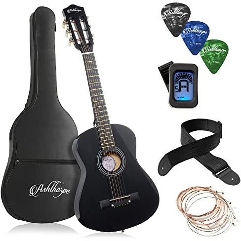 Ashthorpe - Pacchetto chitarra acustica per principianti da 30 pollici (nero), kit di avvio base con borsa da concerto, corde, cinghia, accordatore, plettri