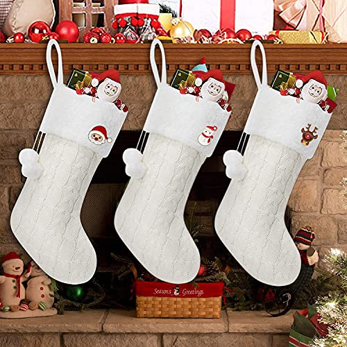 Ansee 3 Pack Knit Christmas Stockings, 16 Inches Large Size Personalized Christmas Stockings, Xmas Stockings with Santa Snowman Reindeer Pins Gift for Fireplace Christmas and Home Decorations (White)