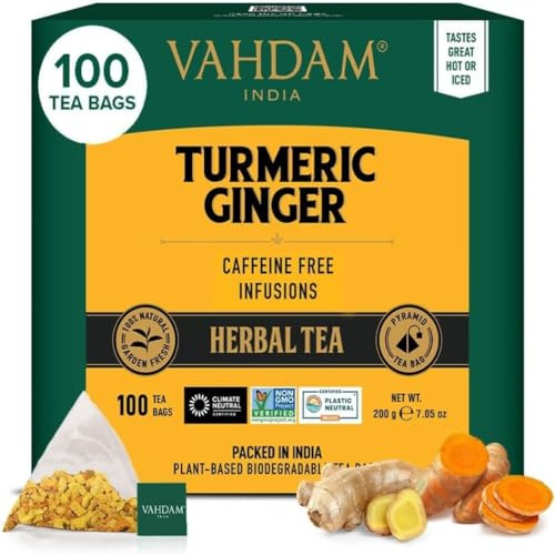 VAHDAM Turmeric Ginger Herbal Tea Bags (100 Pyramid Tea Bags) - Caffeine Free, Blend of 100% Real Spices - Turmeric Tea, Ginger Tea | Powerful Superfood, Herbal Tea