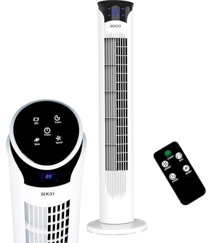 SOGO Ventilador Torre Silencioso con Mando a Distancia y Temporizador 12H - Ventilador de Pie Oscilante con Pantalla LED y 3 Velocidades Ajustables - Ventilador Torre Potente para Hogar y Oficina