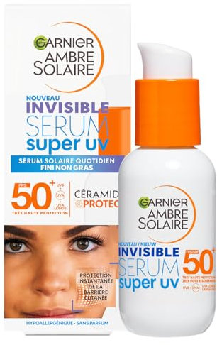 Garnier Ambre Solaire Super UV - Sérum Solaire Visage Invisible - Très Haute Protection SPF50+ - Pour Tous Types de Peaux - 30 ml