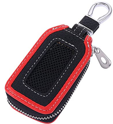 Prasacco Auto Schlüsselanhänger Tasche, Rindsleder Schlüsseletui Tragbares Autoschlüssel Tasche Autoschlüsselanhänger Schutzhülle mit Reißverschluss und Karabiner - 8 x 4,5 x 1,8 cm (Schwarz, Rot)