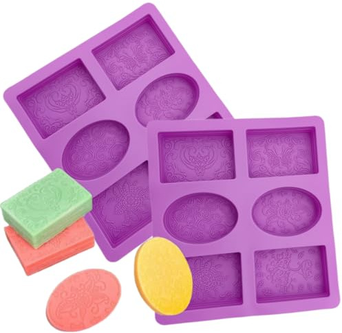 HTIAM 2 Pieces Embossing Flower Chocolate Moulds Soap DIY Mold Silicone Rectangle Oval Soap Molds Handmade Cake Candy Biscuit, Pudding Moulds Ice Cube Trays