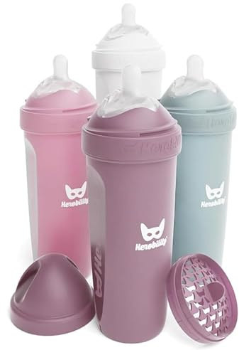 Herobility Anti-Colic Baby Bottles 12 fl oz/340ml - Pack of 4 Plastic Baby Bottles, Slow Flow Plastic Bottles, Breast-Shaped Teat for Breastfed Babies – Multicolor - White, Gray, Pink, Hawthorn Rose