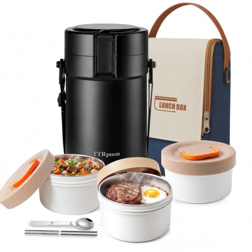 TTrpuon 82oz Insulated Food Container, 3-Tier Stackable Stainless Steel Thermal Lunch Box for Adults, Wide Mouth Vacuum Insulated Food Jar for Hot & Cold Food,Leakproof Bento Lunch Box Set, Black