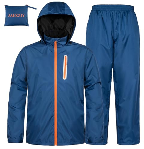 JAEZZIY Rain Suits for Men Women Waterproof Lightweight Hooded Breathable Rain Gear Raincoat for Fishing Hiking Cycling (Navy Blue S)