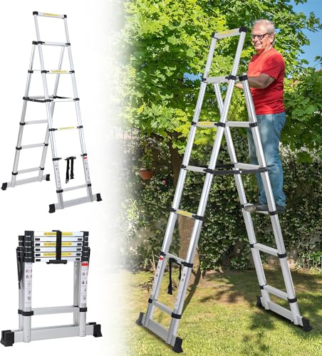 Jopassy Escalera telescópica plegable de 1,7 m + 2 m, 5 + 6 peldaños, marco en A, escalera multiusos de aluminio, para reparaciones de tejados