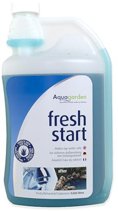 Aquagarden Fresh Start, 1000 ml, depuratore d'acqua per stagni, neutralizza istantaneamente cloro e metalli pesanti, sicuro per pesci, anfibi e piante, ideale per cambiare acqua e riempire