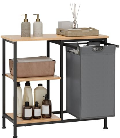 EUGAD Badregal mit Wäschekorb, Wäschesammler mit 4 Ablagen, 31 L Wäschesack ausziehbar abnehmbar, Standregal offen, für Badezimmer Waschküche, 70x65x30 cm, Schwarz helle Eiche