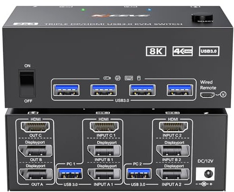 KVM Switch 2 PC 3 Monitores HDMI+2 Displayport 8K@60Hz 4K@144Hz,MLEEDA Conmutador KVM para 2 Ordenadores Compartir 3 Monitores y 4 dispositivos USB3.0, con fuente de alimentación 12V y 5 cables