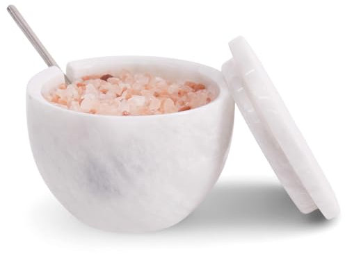 MARBLOUS KRAFTS Salero de mármol blanco con tapa y cuchara, cuenco redondo para encimera de cocina, recipiente de sal y azúcar, conservador de sal de piedra natural