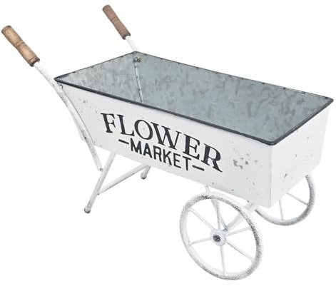 Z² BellaDecor Farmhouse Kleiner Blumenwagen mit Holzgriffen, Metallwagen-Pflanzgefäße für Outdoor-Pflanzen, Gartenpflanzer mit Wagenrädern, dekorativer Schubkarre, Pflanzwagen für Terrasse, Garten,