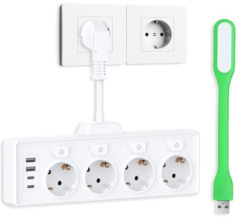 Strömuttag med 2 USB och 2 Type-C, grenuttag med 4 oberoende brytare, 4 000 W/16 A bordsuttag, uttag för flera oberoende strömbrytare(vit)
