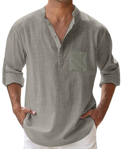 Camiseta Manga Larga Hombre de Lino Camisas Informales de Verano Camisa Suelta de Ocio de Color Sólido Tops con Bolsillo Camisas Casual con Botónes y Bolsillo para Aire Libre, Deporte