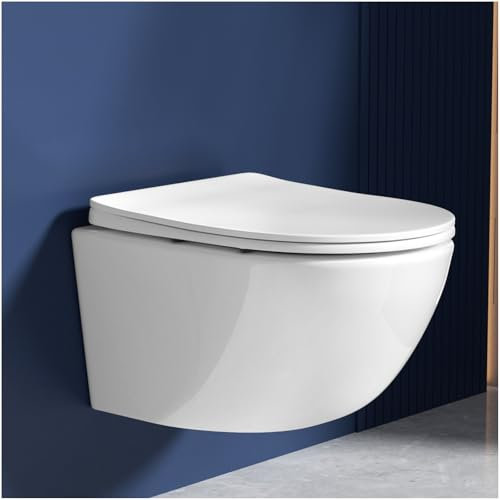 Rainsworth Hänge WC Spülrandlos Toilette - Starker Spülung, Kloschüssel inklusive WC-Sitz Absenkautomatik, Kompakt Design Toilette 48,5 cm lang, Einfach zu einigen, ideal für Badezimmer-Aufstieg