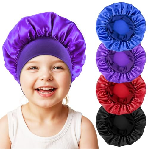 KFHENSOMR Silk Bonnet für Kinder, 4 Stück Seidenhaube Kinder, weiche Seide Satin Haube für Kleinkind, Elastische Seidenhaube zum Schlafen für Mädchen