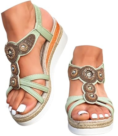 Xbemkste damsandaletter, platå, espadriller, med kilklack, bohemiska sandaler med strass, pärlor, damer, kilsandaler, bekväma sommarsandaler, ankel elastiska strandsandaler