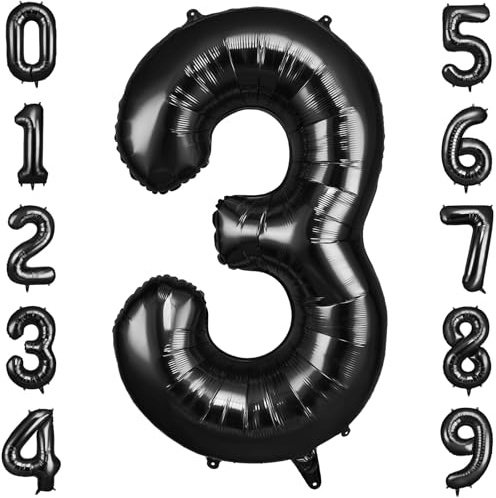 OFFCUP Palloncino Numero 3 Nero Gigante 40 Pollici Foil per Compleanno | Gonfiabile ad elio, circa 100 cm, in alluminio foil, decorazione per feste compleanno matrimonio anniversario baby shower