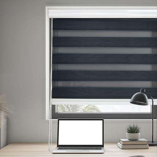DH Persiana Enrollable Zebra con Doble Capa – 150x200cm – Estor de Día y Noche con Control de Luz, Instalación por Perforación, Estilo Moderno y Elegante para Hogar y Oficina (Gris Oscuro)