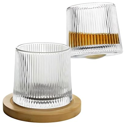 moorg Set Bicchieri da Whisky in Vetro Rotante, Bicchieri Wisky con Fondo Sferico e Base in Legno per Degustazione, 4 Pz Bicchiere Vetro Particolari per Rum, Gin, Amaro e Distillati