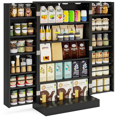 COSTWAY Armoire de Cuisine 2 Portes avec 16 Étagères, Meuble Cuisine Rangement avec Dispositif Anti-Renversement, Buffet pour Salle à Manger, Salon, Noir