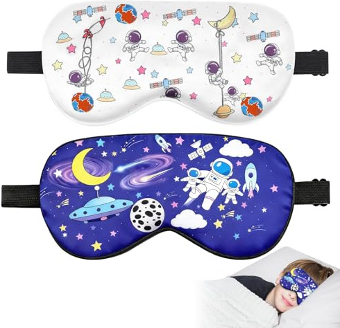 TeTupGa Blackout Kids Sleep Mask for Boys，2 Pack Silk Eye Mask for Sleeping with Adjustable Strap, Teens Children's Bedtime Eye Cover for Travel & Home Use (2 Pack Space Style)