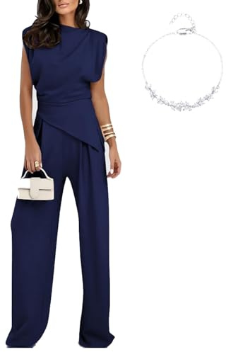 Tenue de voyage pour femme, ensemble deux pièces confortable sans plis, ensemble habillé irrégulier, débardeur et pantalon à jambes larges, tenues de voyage pour femmes en avion (bleu marine, taille