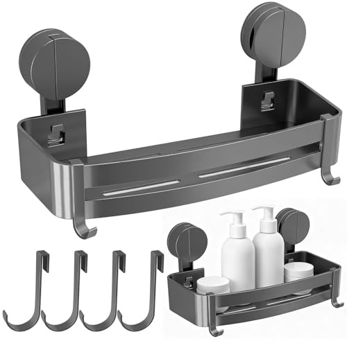 Duschablage Saugnapf - Duschregal ohne Bohren, Shampoo Halterung für Dusche, Hängeregal Bad Mit Vier Haken, Badregal Ablage für Bad Küche, Duschkorb Saugnapf Ohne Bohren 32×12×4.5cm (Pistolengrau)