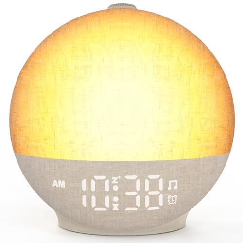 Sunrise Alarm Clock Wake Up Light with Sunset Simulation, 30 Sleep Sounds White Noise Machine, 12 Colours Night Light, Easy to Use Bedside Digital Clock Sunlight Lamp for Kids, Heavy Sleepers Bedrooms