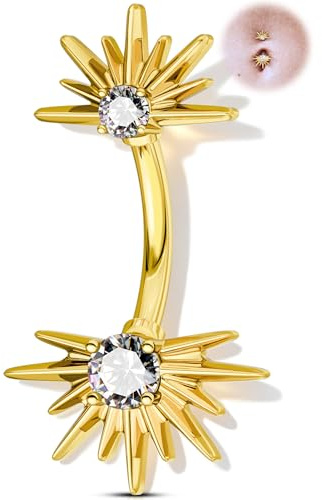 OUFER 14G Or Soleil Percing au Nombril en Acier Chirurgical 316L, Piercing de Ventre avec Clair CZ Ronds et Rayons Lumineux, Bijou de Corps 10 mm pour Femme