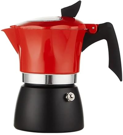 Caffettiera Moka in alluminio rosso, design italiano, manuale