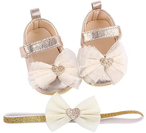 Chaussures d'apprentissage de la marche pour bébé fille avec bandeau - Bowknot Prewalker - Princesse - Sandales souples, or, 20.5 EU