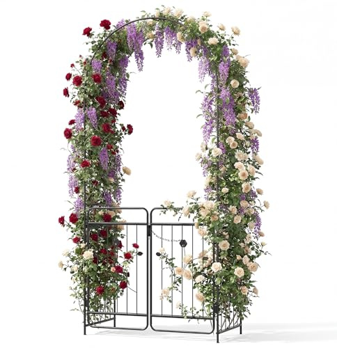GYMAX Arco Metálico de Jardín con Enrejado, Pérgola Decorativa de Exterior con Puertas Bloqueables, Estacas de Tierra, Soporte de Plantas Trepadoras, Rosas, Enredaderas para Patio Boda Fiestas