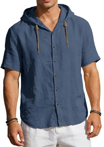 PADOLA Chemise Lin Homme Manches Courtes été Chemises à Capuche Boutonnée Chemisette de Plage Décontractée Regular Fit Surchemise Respirant Légère Veste Grande Taille Hoodie