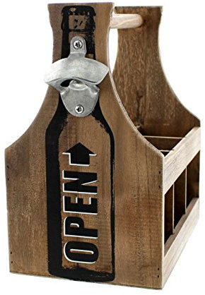 FRANK FLECHTWAREN Flaschenträger Opener in angesagtem Shabby-Look, trendigem Aufdruck, praktischer Kronkorkenöffner und geeignet für gängige Flaschen mit 0,33 l Fassungsvermögen