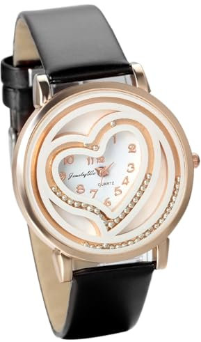 JewelryWe Damen Armbanduhr, Analog Quarz, Fashion Exquisit Leder Armband Uhr mit Fließfähig Beads Doppel Herz Zifferblatt, Schwarz