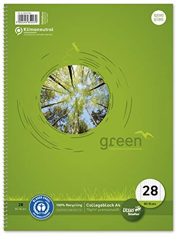 Staufen 608575020 – collegeblock grön, linjering 28, DIN A4, 80 ark, 70 g/m², 5 mm rutigt, med kantlinjer, 1 st