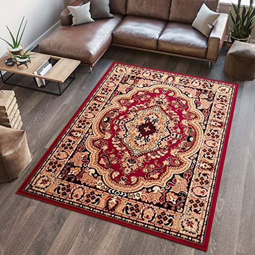 TAPISO Atlas Alfombra Suave de Pelo Corto Resistente Diseño Clásico Tradicional Vintage Rojo Beige Alfombra de Salón Habitación Dormitorio Oeko-Tex 140 x 200 cm