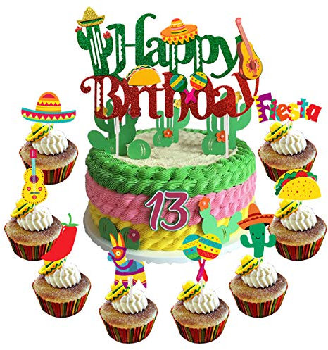 Lot de 25 décorations de gâteau mexicaines pour cupcakes mexicaines - Fournitures de fête d'anniversaire taco, cactus, lama, maracas, sombrero - Happy Birthday
