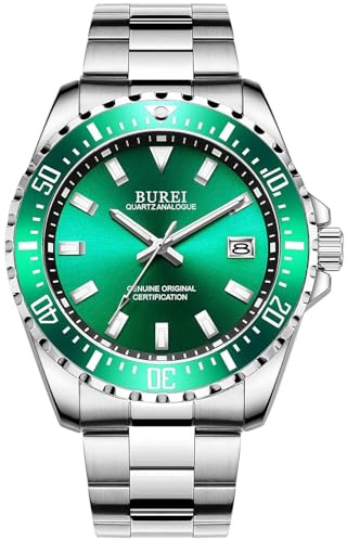 BUREI Uhr Herren Blau Edelstahl Analog Quarz Herren Armbanduhr Klassische Business Großes Zifferblatt Herrenuhr mit Datum Geschenke für Männer (grüner)