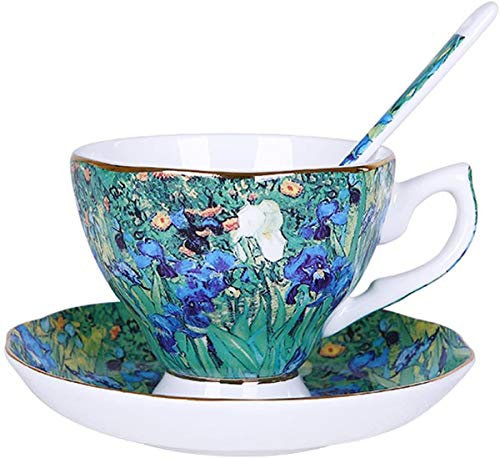 Eplze YBK Tech Bone China Cup and Saucer Set, 7oz Teacup - Design Inspired by Van Gogh's Paintings (Iris Flower)