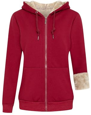 LBL Winter Warm Sherpa Fleece Jacket Women Full Zip Up Hooded Sweatshirt Jacket Coat Wine red XL
